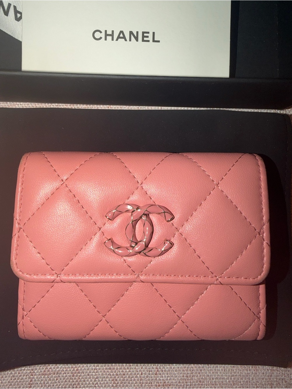 Chanel classic flap compact wallet — pink lambskin | full set + COA